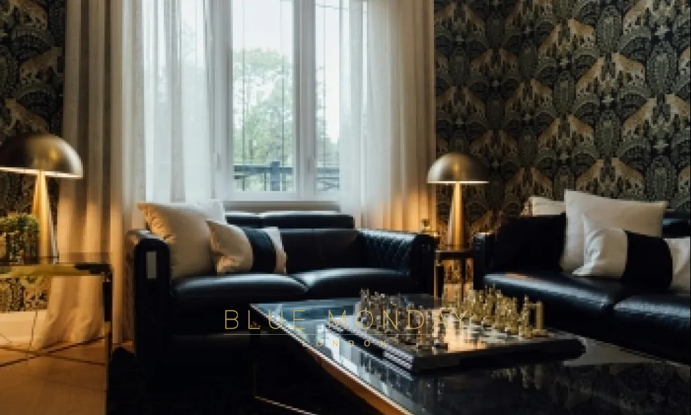 a luxury hotel suite in London that is ornately decorated