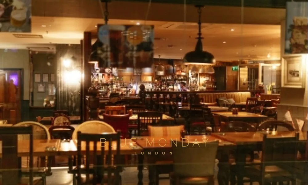 the interiors of a dimly lit London restaurant