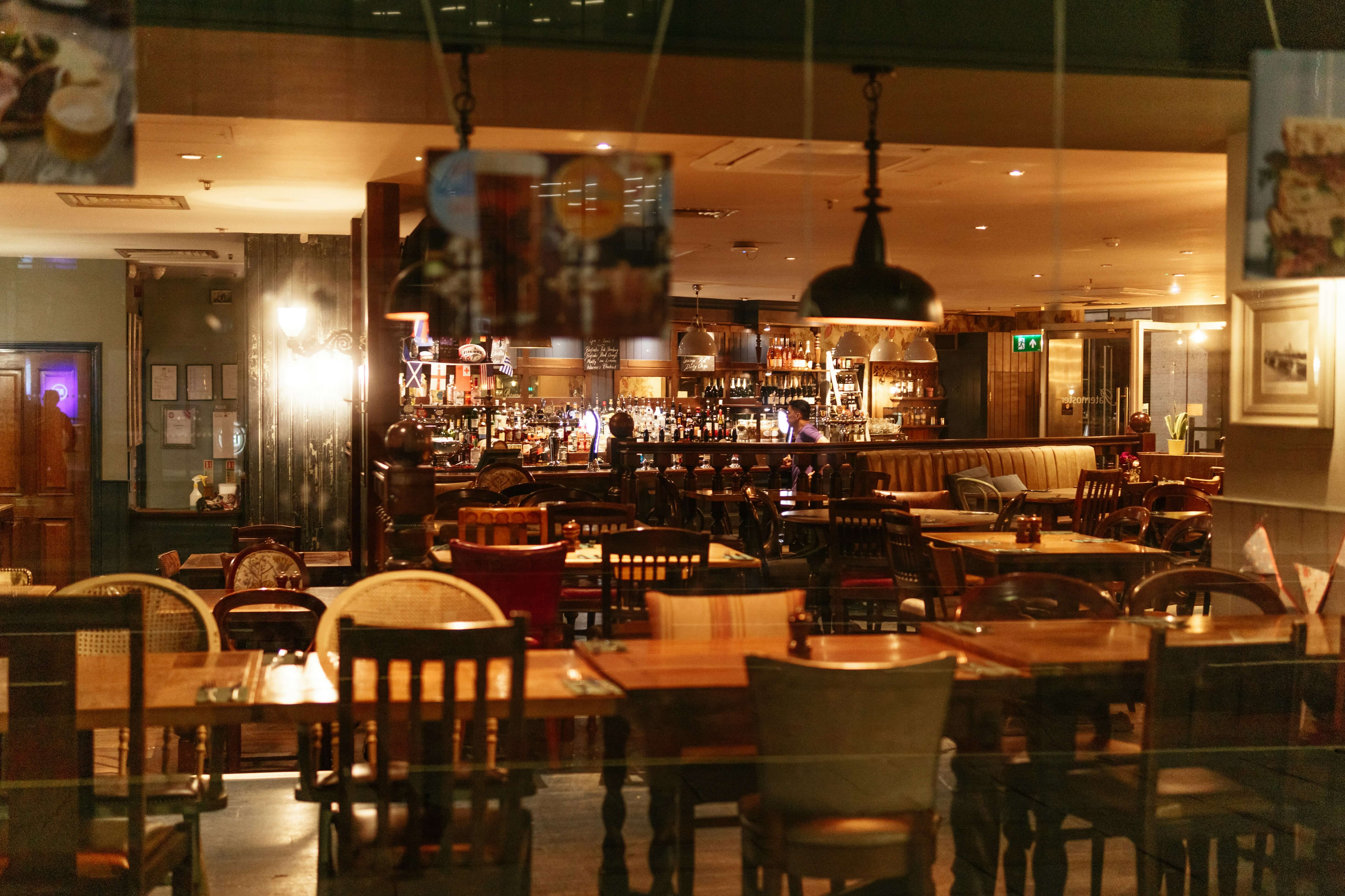 the interiors of a dimly lit London restaurant